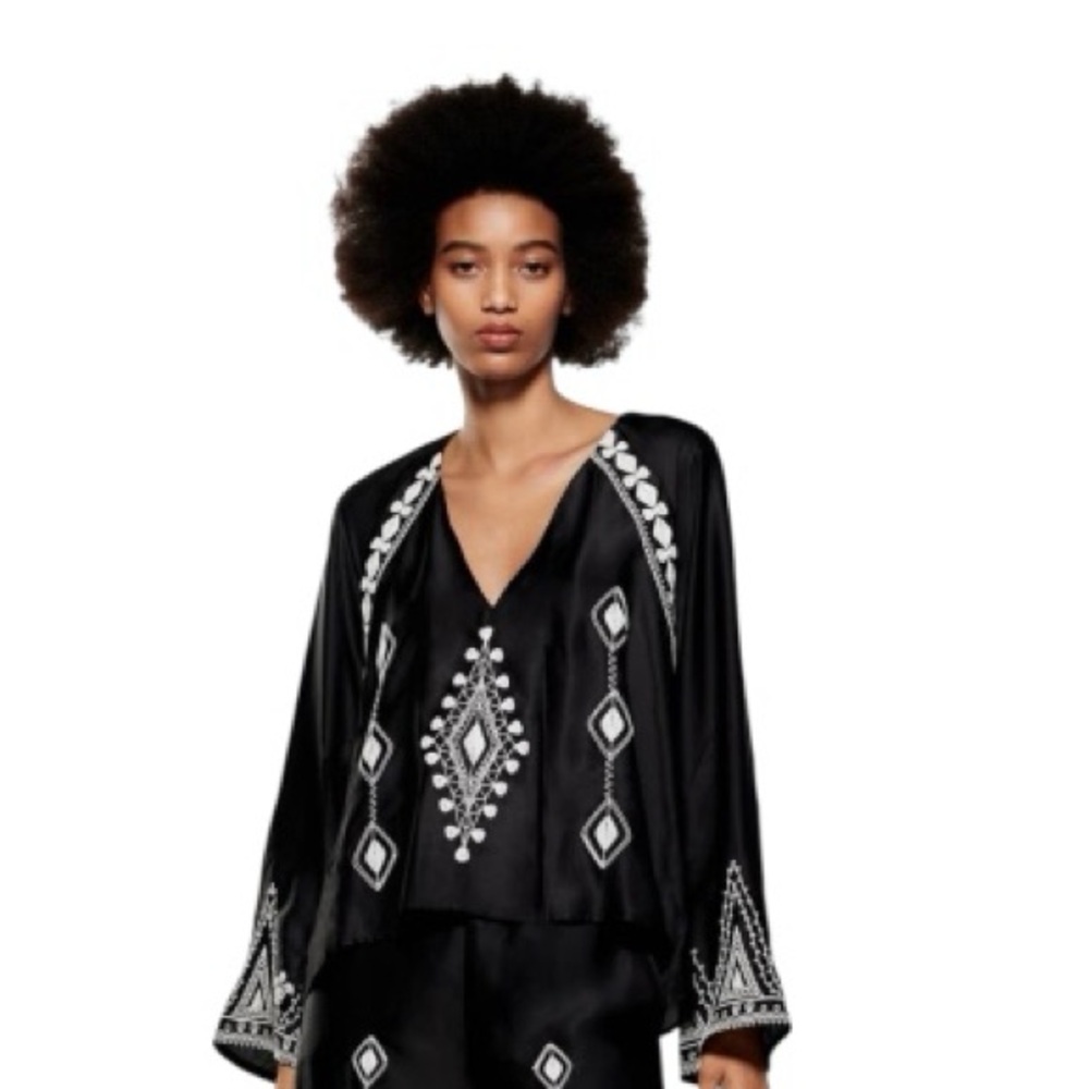 Zara Black Embroidered V-Neck Women's Top size large